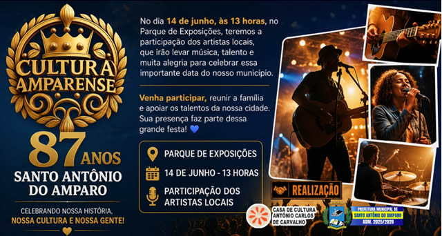 Artistas locais serão destaque nas comemorações dos 87 anos de Santo Antônio do Amparo